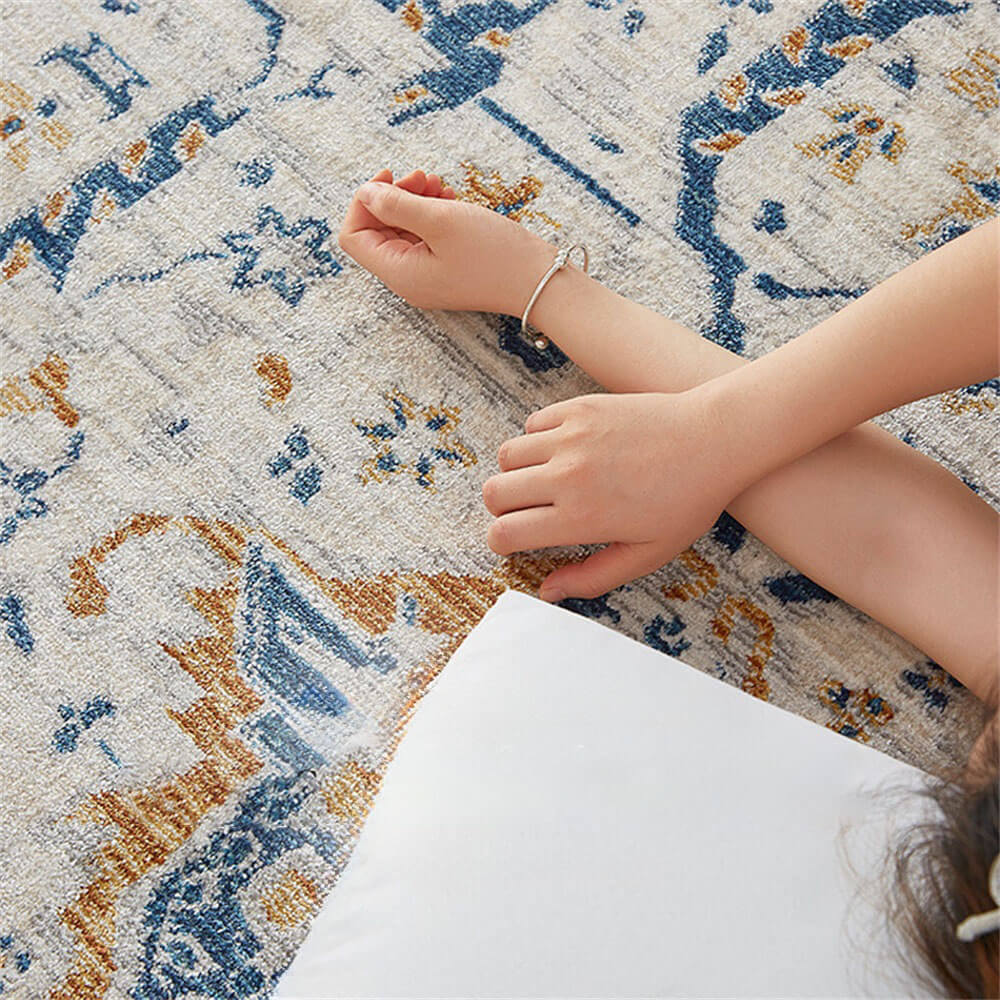 Alfombra vintage de área vintage de color azul y crema: elegancia atemporal para su hogar
