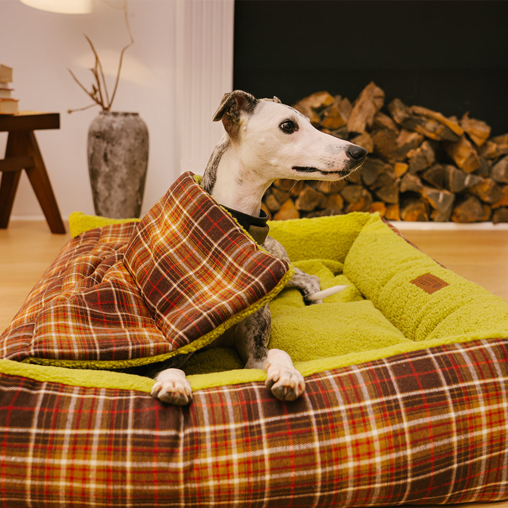 Grandi letti per cani rivestiti in tartan vintage lavabili - Avocuddle