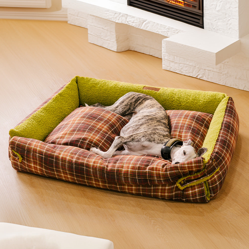 Grandi letti per cani rivestiti in tartan vintage lavabili - Avocuddle