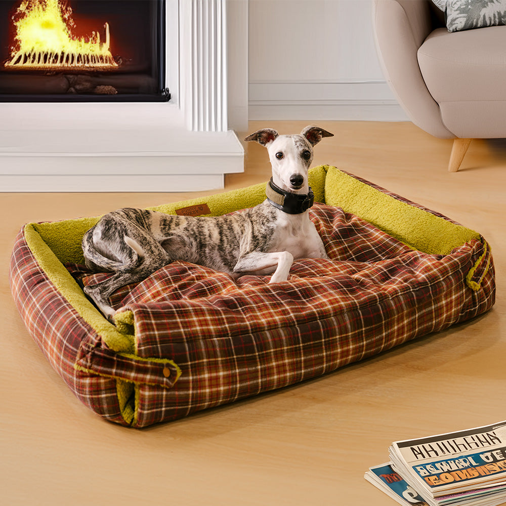 Grandi letti per cani rivestiti in tartan vintage lavabili - Avocuddle
