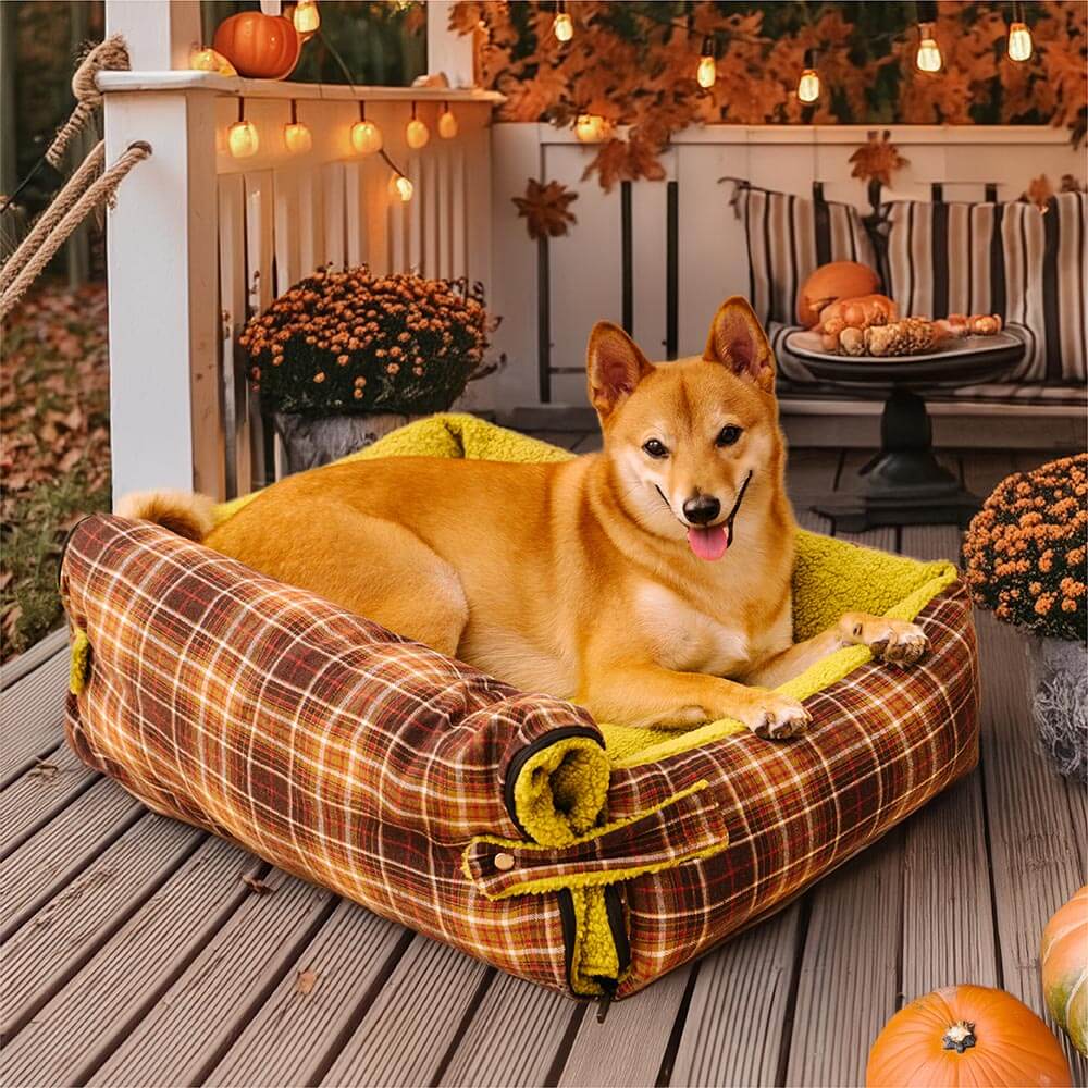 Grandi letti per cani rivestiti in tartan vintage lavabili - Avocuddle