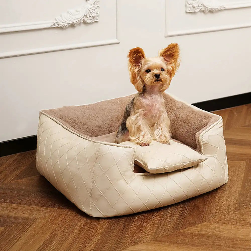 Cozy Diamond Faux Leather Square Dog Bed for Puppies