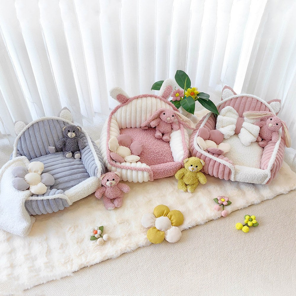 Cream Pink Fluffy Cozy Washable Dog & Cat Sofa Bed