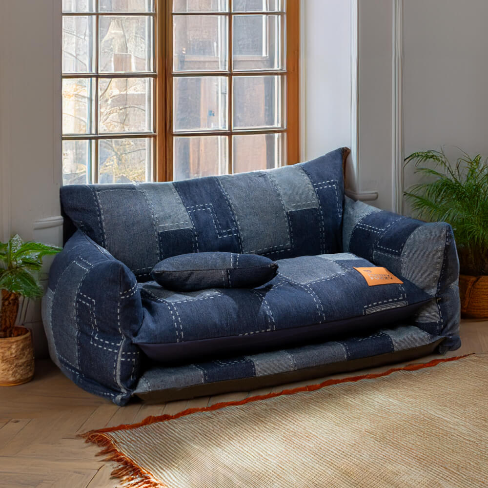 Denim-Patchwork-Stil, doppellagiges Haustier-Sofa, Hunde-Sofabett