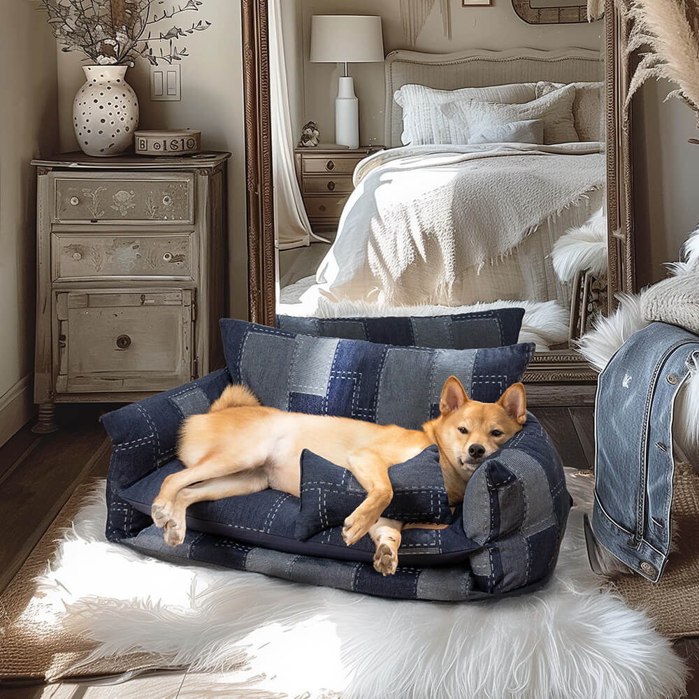 Denim-Patchwork-Stil, doppellagiges Haustier-Sofa, Hunde-Sofabett