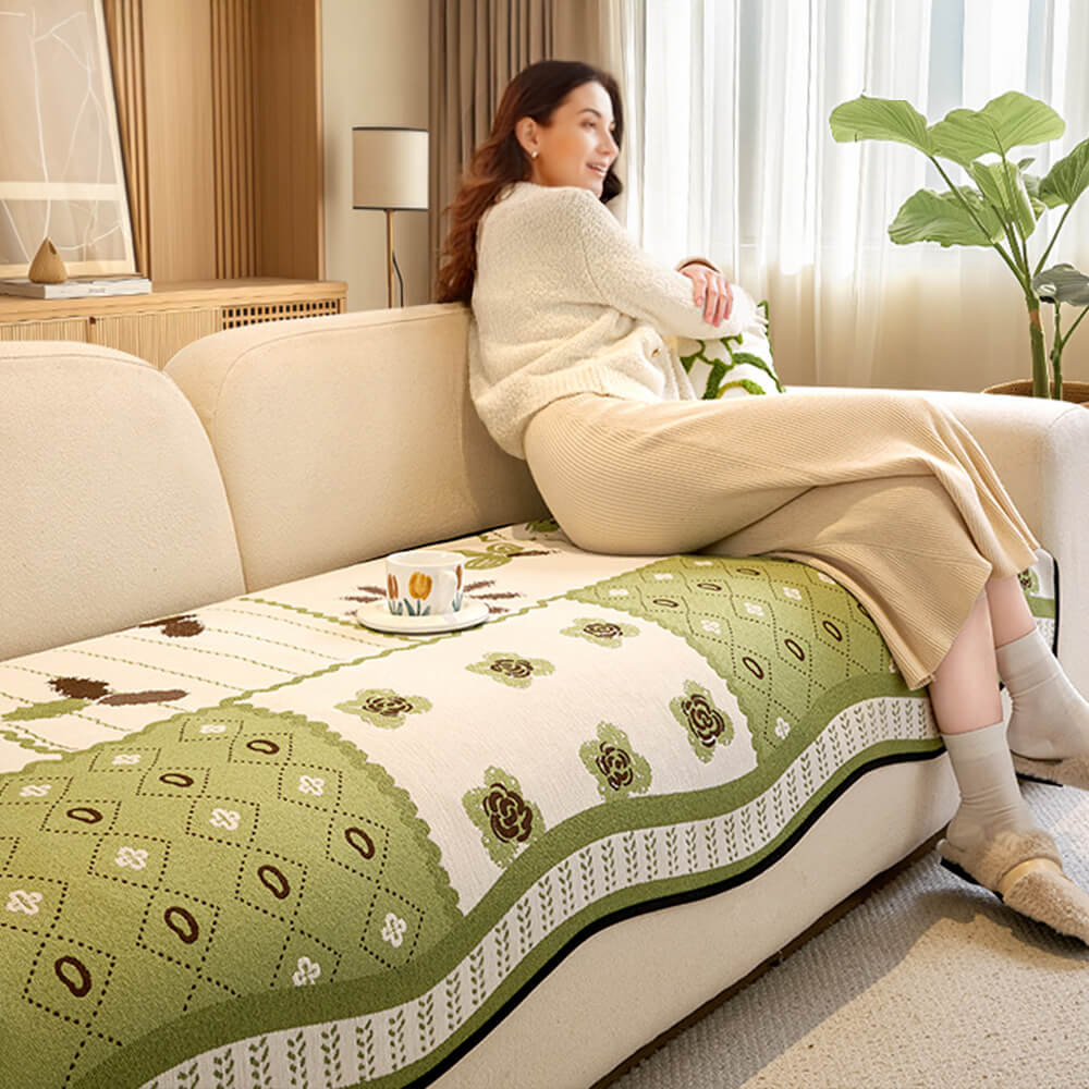 Tela resistente a los scratch chenille estilo pastoral de forma irregular sin deslizamiento de la cubierta del sofá sin deslizamiento