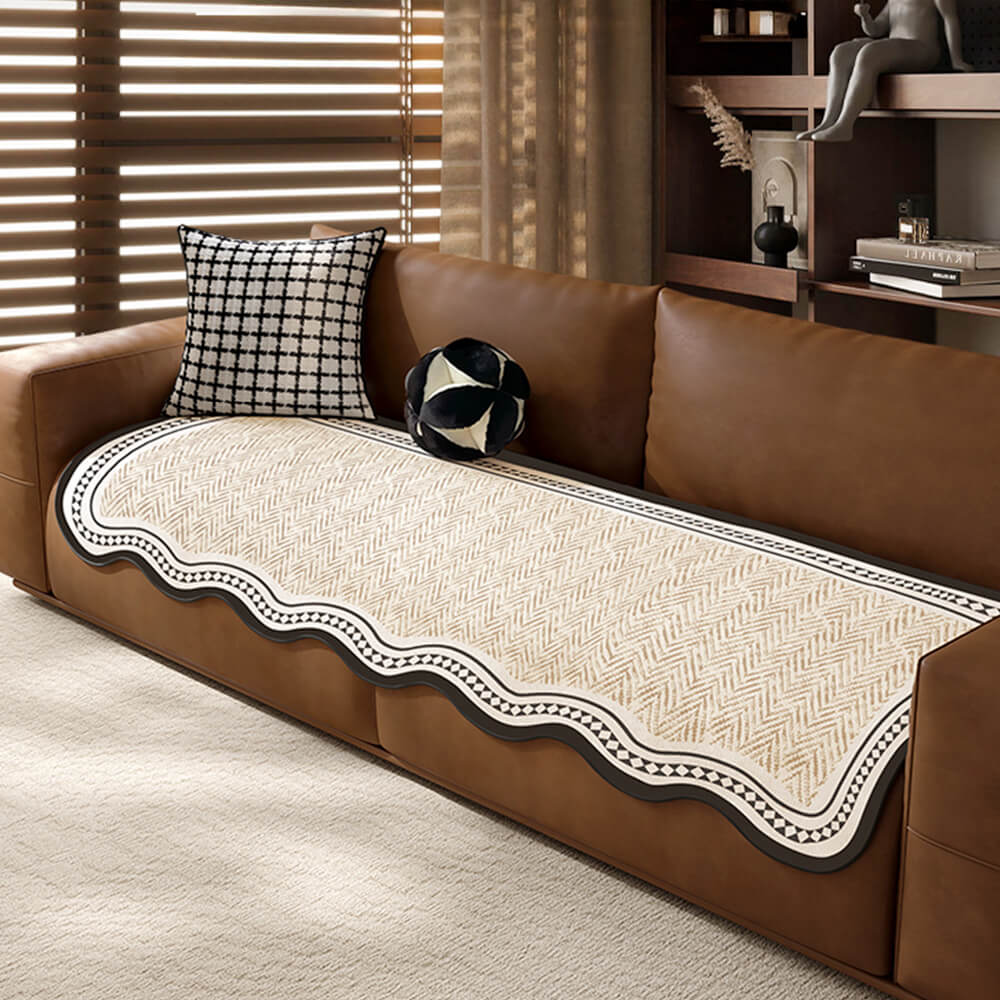 Cubierta de sofá anti-deslizamiento duradera de patrón de espiga con molduras onduladas-resistente a los rasguños de mascotas