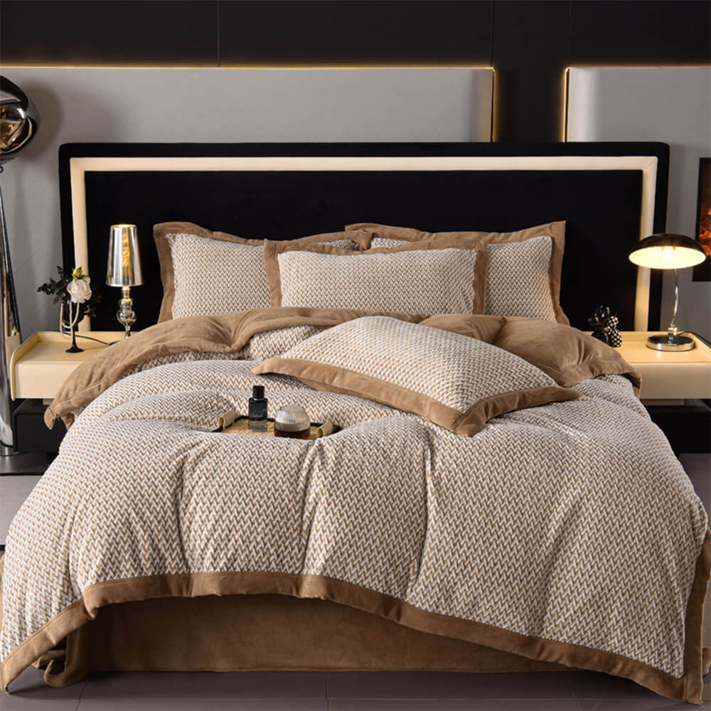 Ensemble de draps de lit en velours de lait chaud tissé bicolore moderne à chevrons