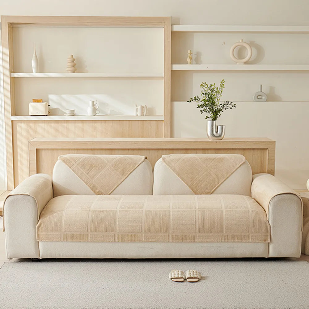 Plush Cream Geometric All Seasons Non-Slip Couch Cover