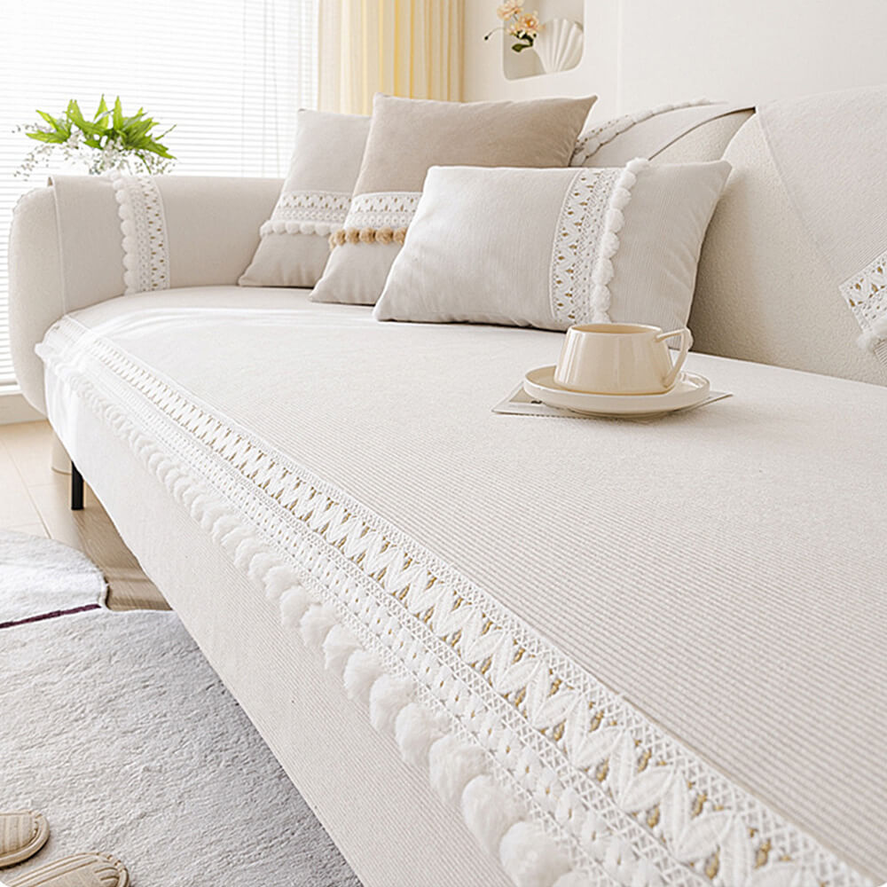 Ganzjahres-Couchbezug aus weichem, kratzfestem, wasserdichtem Cord mit Pompons