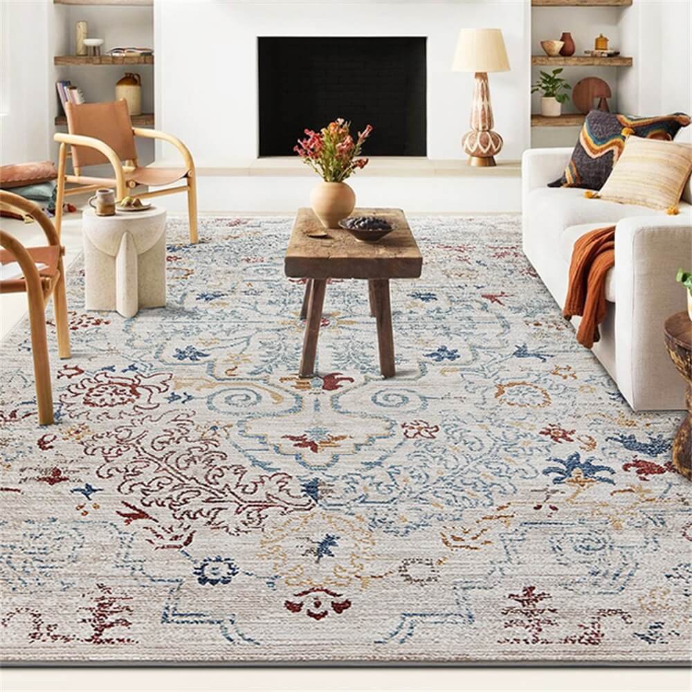 Alfombra vintage de área vintage de color azul y crema: elegancia atemporal para su hogar