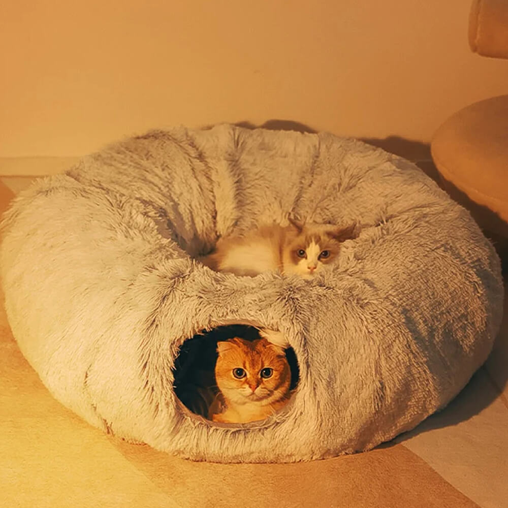 2 in 1 Foldable Indoor Soft Round Cat Tunnel Bed - FUNNYFUZZY