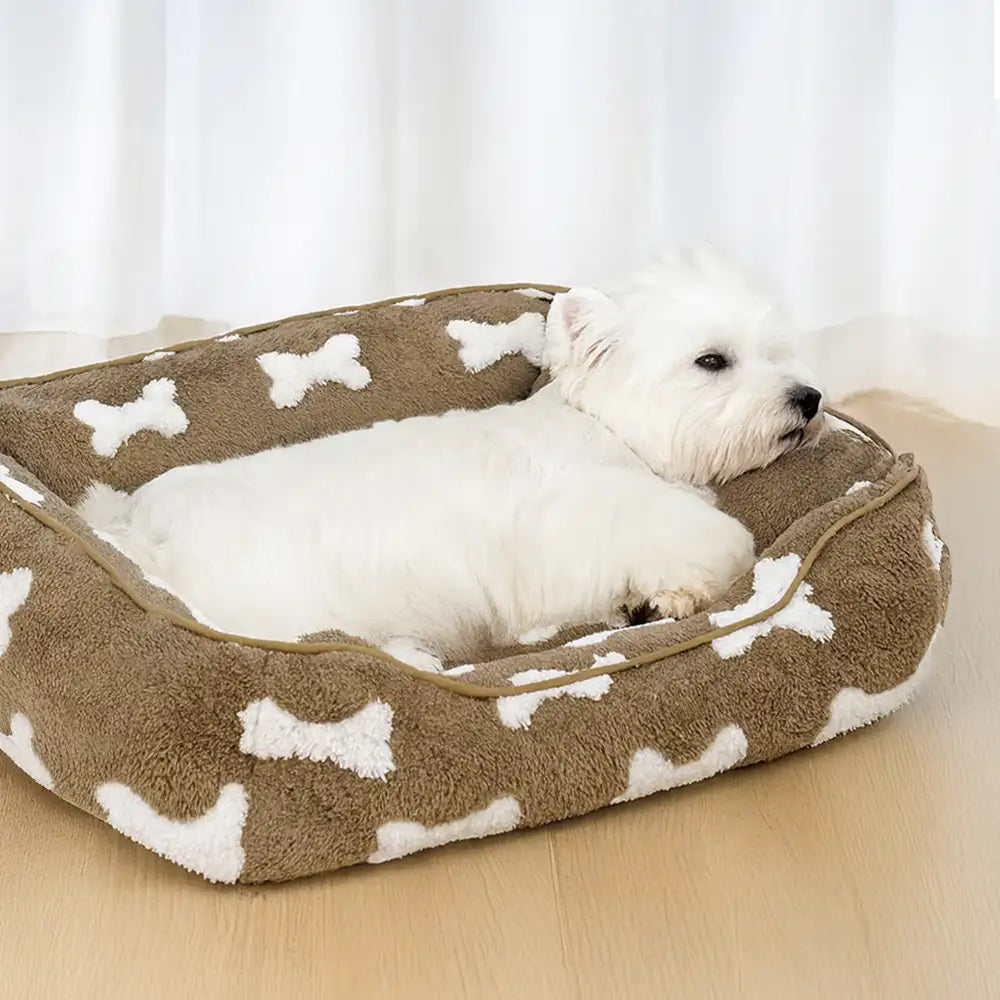 Plush Bone Pattern Square Deep Sleep Dog Bed