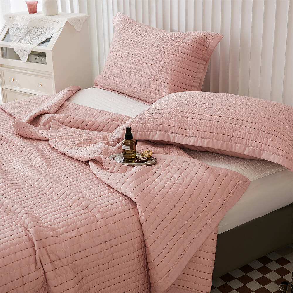 Soft Cross Stitch Solid Cotton Quilted Bedspread Set