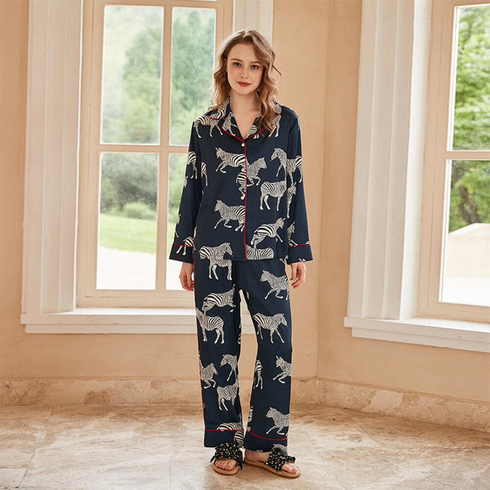 Elegant Animal Print Satin Long Sleeve Pajama Set