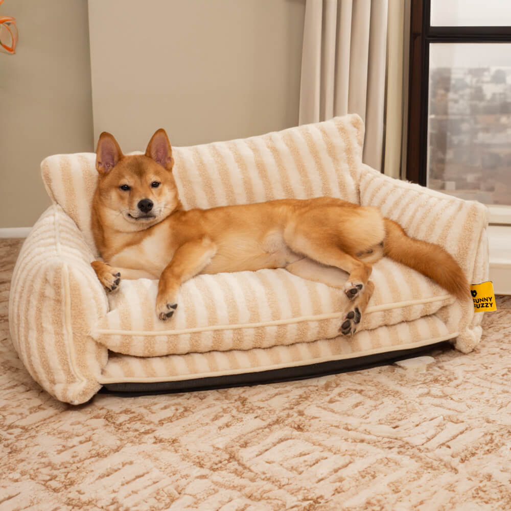 Trendiges, gestreiftes Doppelschicht-Sofabett aus Lammwollimitat für Hunde und Katzen