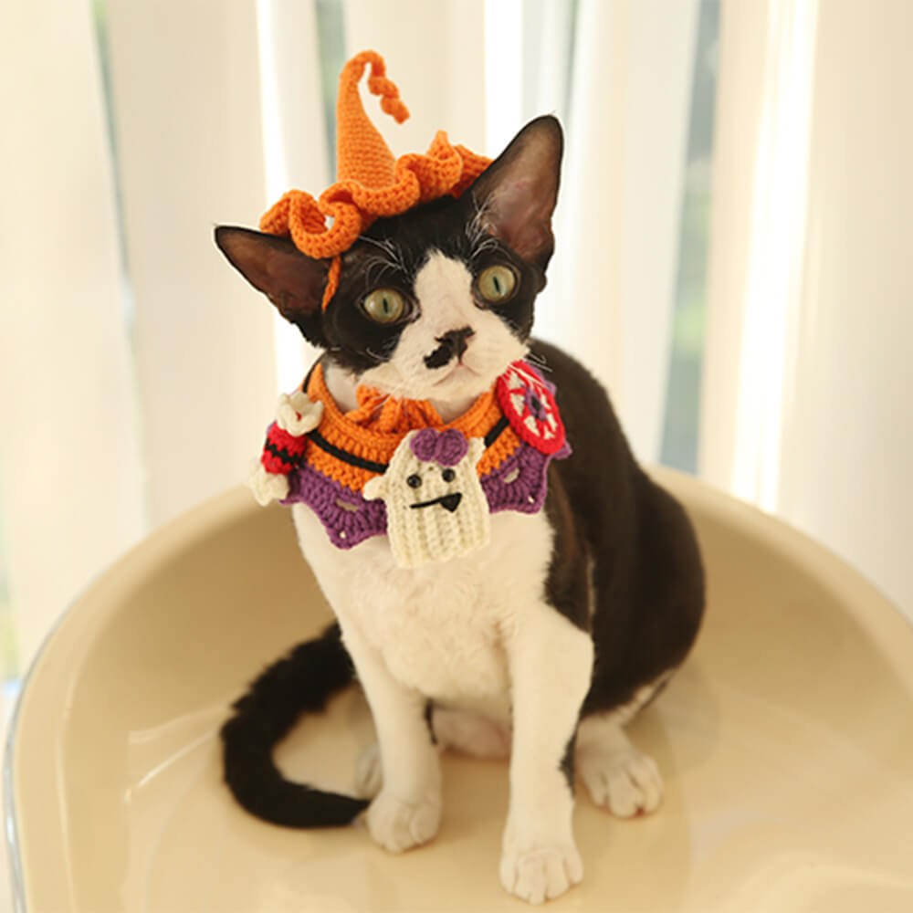 Disfraz de mascota de Halloween, collar de calabaza tejido hecho a mano y sombrero de bruja