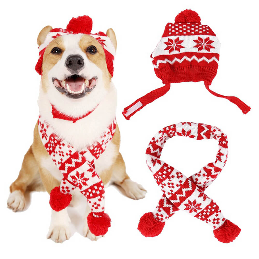 Knitted Christmas Snowflake Warm Dog Hat Scarf Set