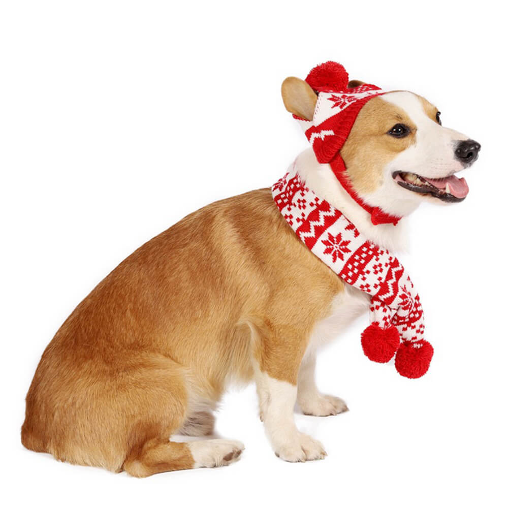 Knitted Christmas Snowflake Warm Dog Hat Scarf Set