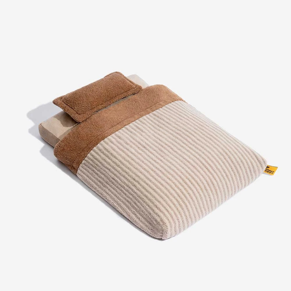 Cama de perros ortopédico de cueva de rayas de lujosa con almohada - Fluffywarm