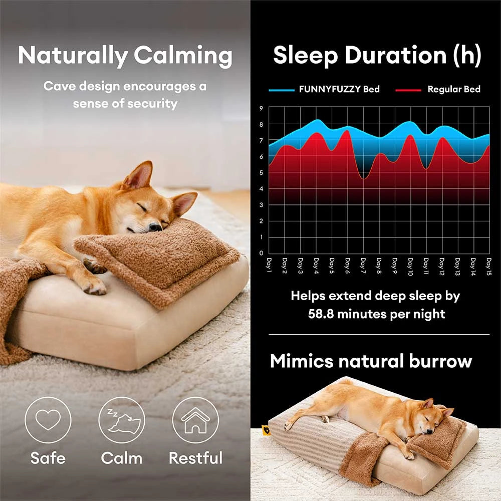 Cama de perros ortopédico de cueva de rayas de lujosa con almohada - Fluffywarm