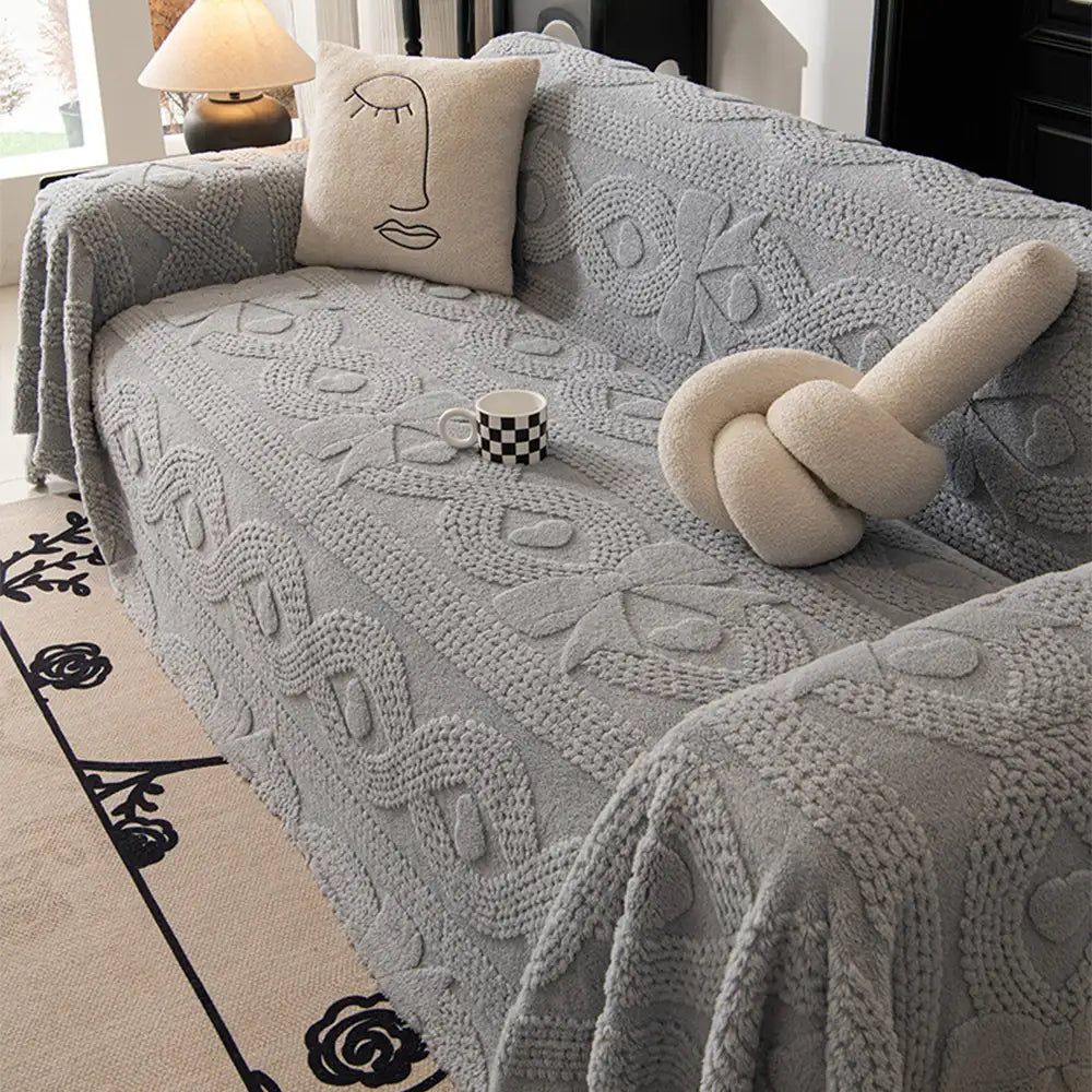 Bowknot Jacquard Plush Multifunctional Sofa Blanket Couch Cover