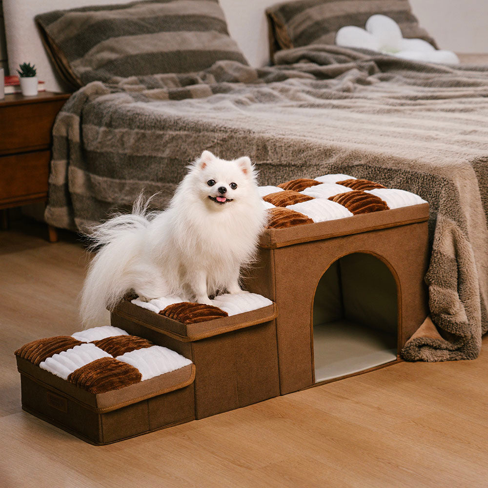 Escalier pour chien fabriqué à la main en échiquier avec rangement et condo - Napsteps