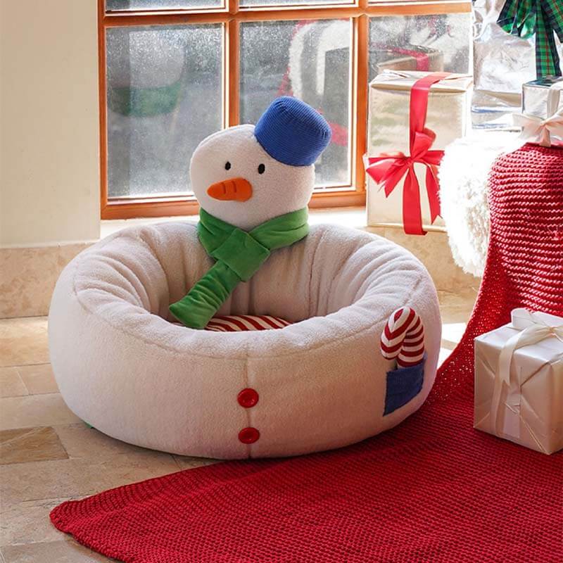 Lit douillet pour chat en forme de bonhomme de neige de Noël