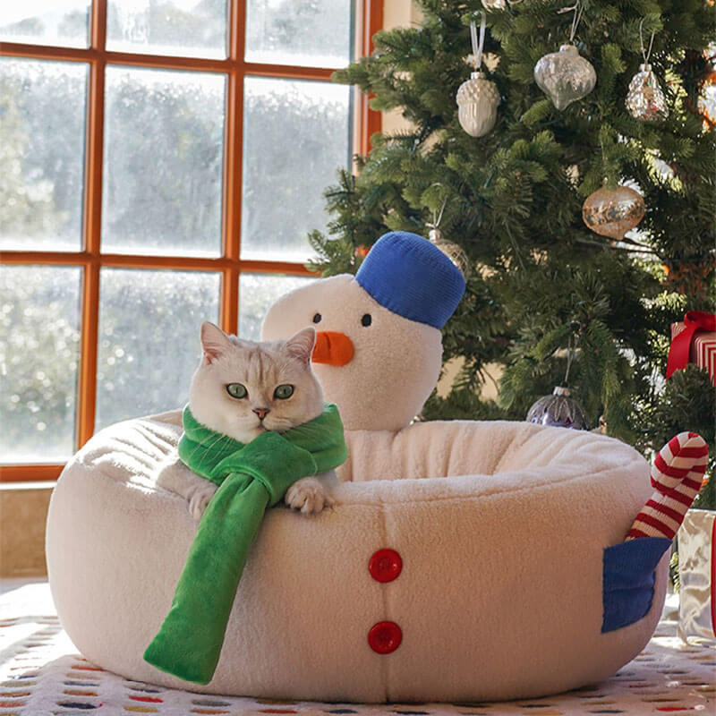 Lit douillet pour chat en forme de bonhomme de neige de Noël