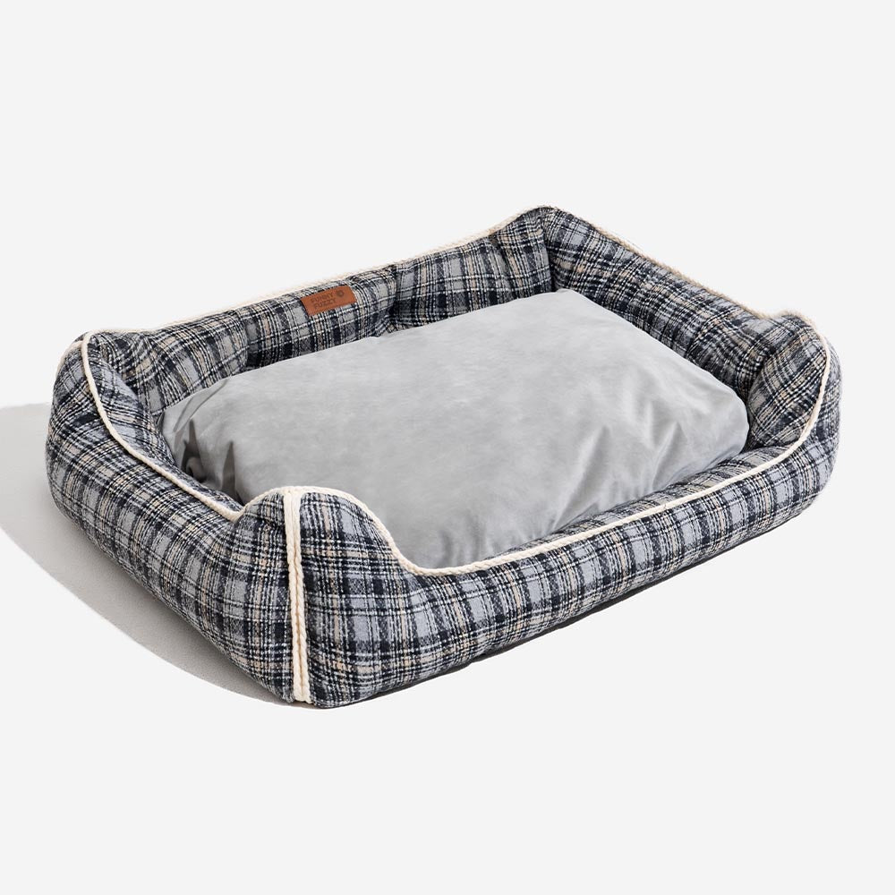 Classical Retro Plaid Removable Bolster Calming Dog Bed - Nostalgic Retreat