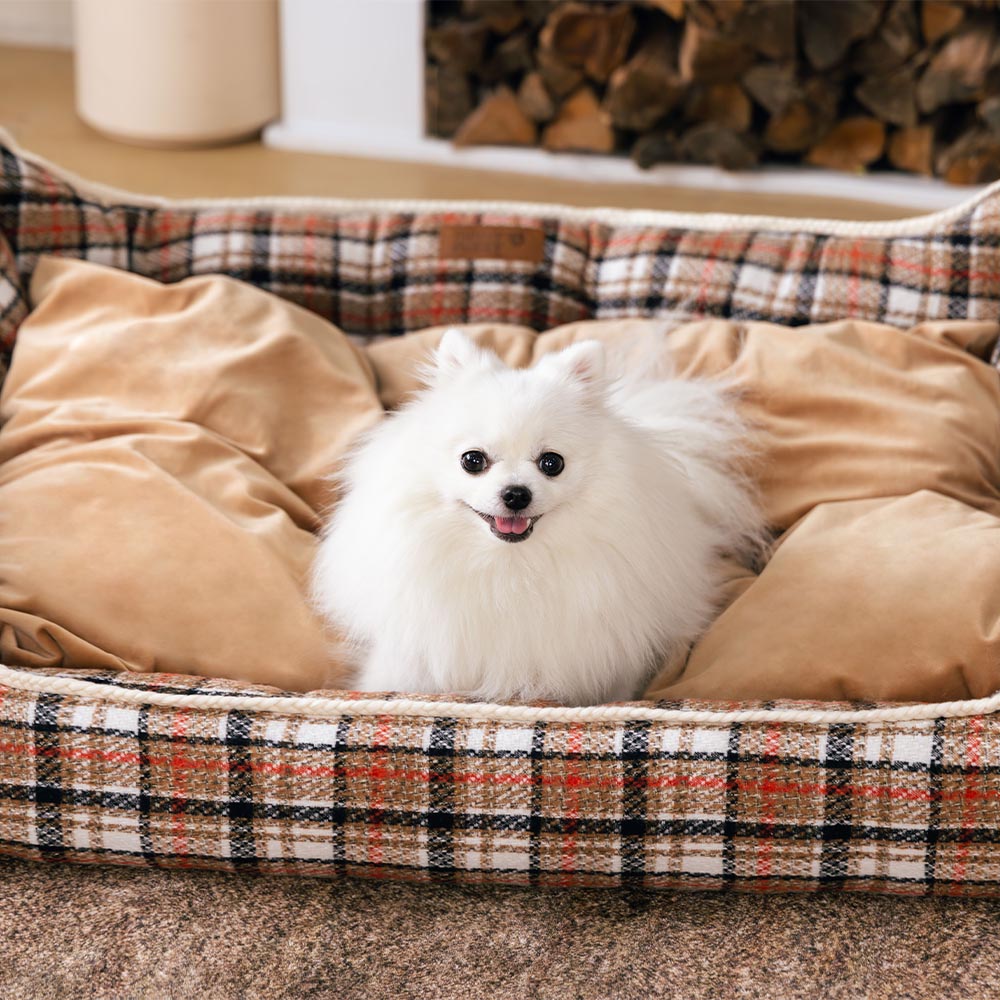 Classical Retro Plaid Removable Bolster Calming Dog Bed - Nostalgic Retreat