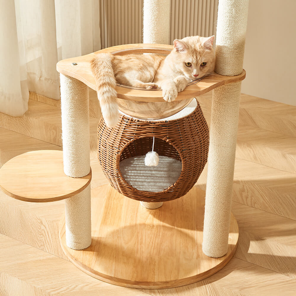 All-Season Natural Rattan Woven Cat Bed Solid Wood Large Cat Tree