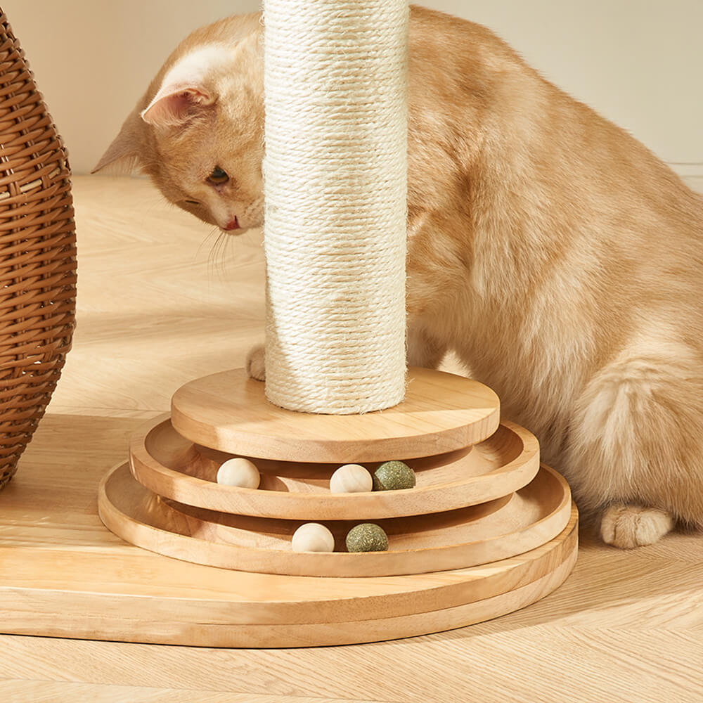 All-Season Natural Rattan Woven Cat Bed Solid Wood Large Cat Tree