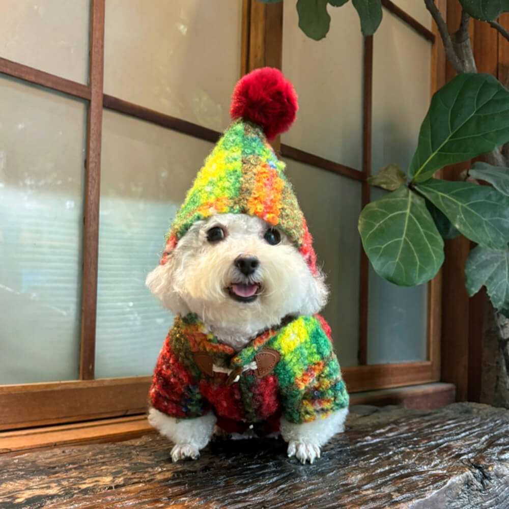 Weihnachtskarierter, warmer Woll-Hundemantel mit Bommel und Kapuze