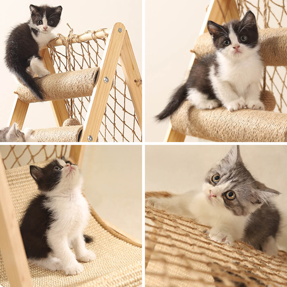 Modern Wooden Cat Tree Funny Scratching Post with Hammock Climbing Net