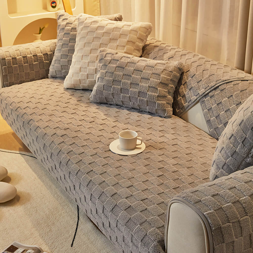 Soft Textured Grid Plush Anti-Slip Couch Cover