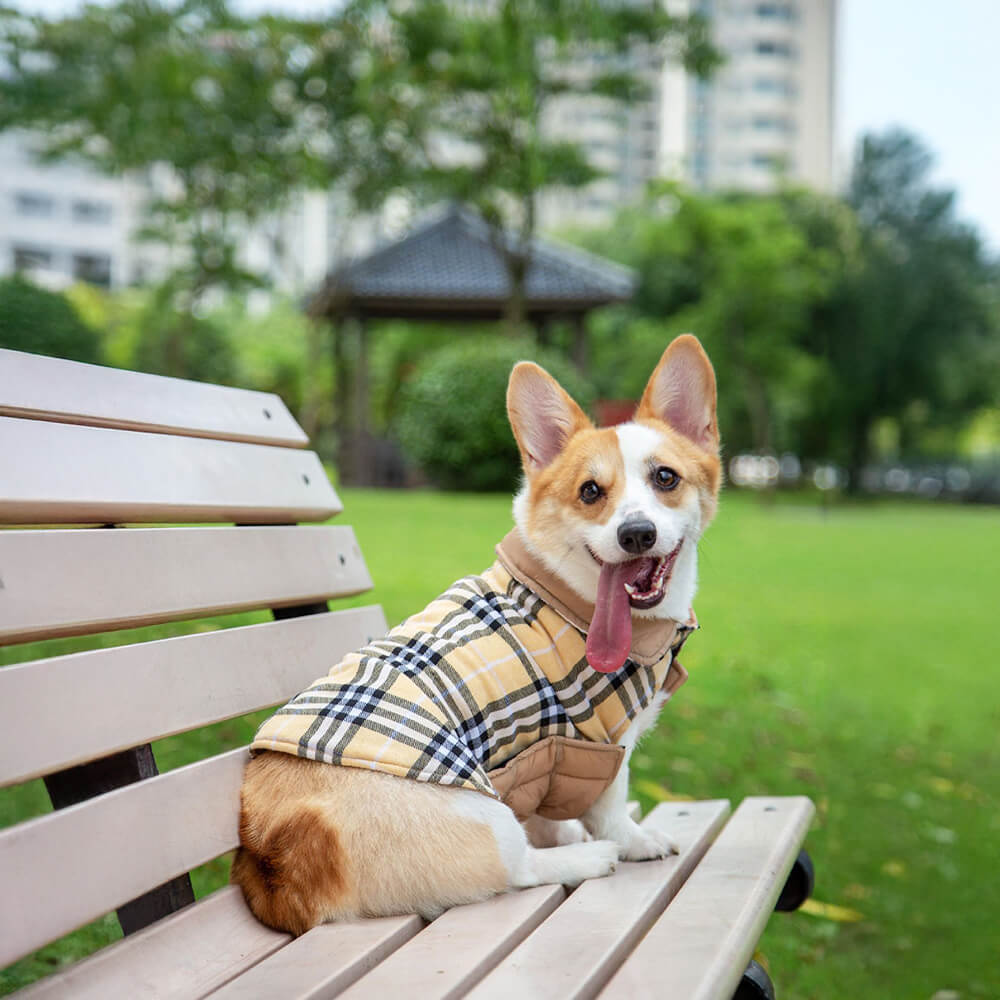 Ultrawarme, hautfreundliche, karierte Hundejacke mit Rollkragen und Klettverschluss