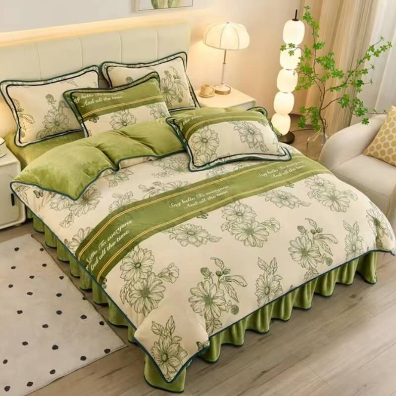 Floral Elegance Milk Velvet Bed Sheet Set with Bed Skirt