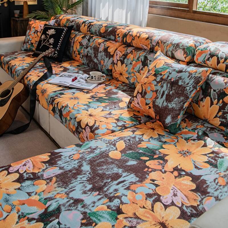 Floral Soft Polar Fleece Full Wrap Stretch Magic Couch Cover