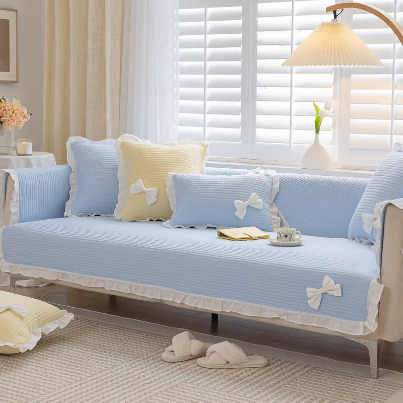 Bright Color Ruffled Sofa Cover With Bow Tie