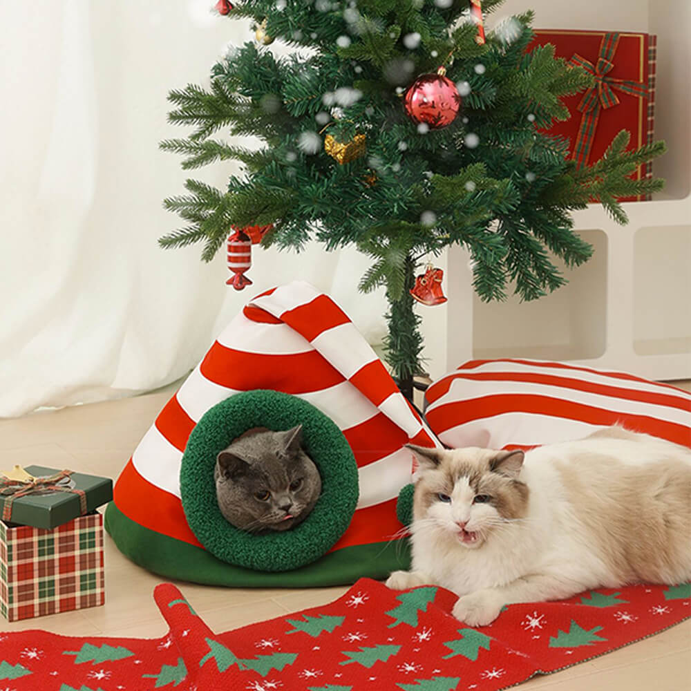 Chapeau de Noël classique, lit de grotte pour chat semi-fermé, lavable et chaud