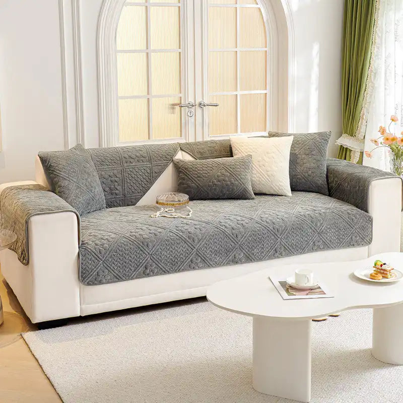 Embossed Geometric Pattern Soft Plush Quilted Non-Slip Couch Cover