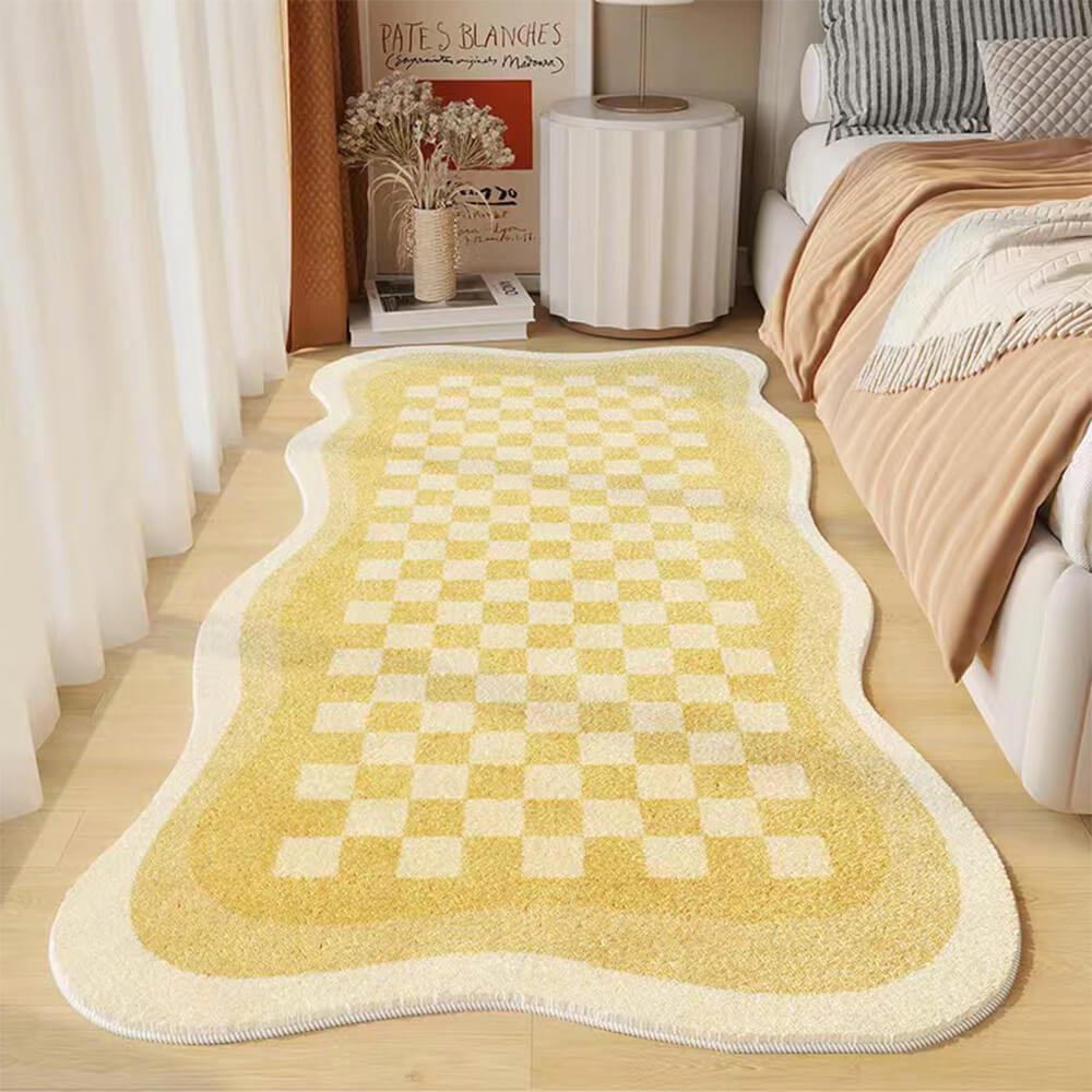 Tapis de chevet confortable en faux cachemire damier, tapis de forme irrégulière