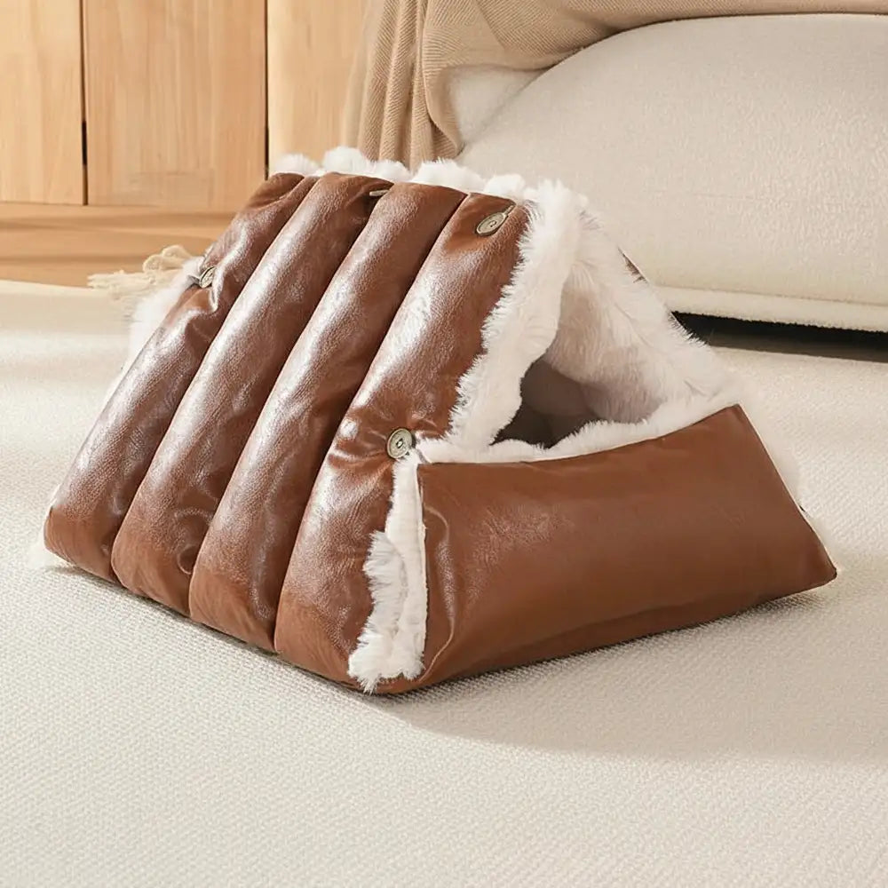 Faux Leather Vintage Multi-function Plush Dog Bed Convertible Dog Car Seat