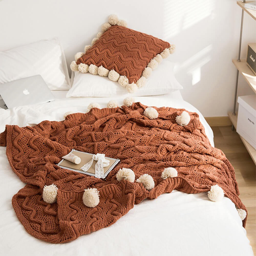 Kuschelige Chenille-Pom-Pom-Decke im nordischen Stil mit Kissenbezug