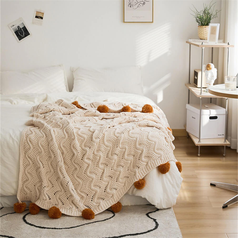 Nordic Style Chenille Pom Pom Cozy Throw Blanket with Pillowcase