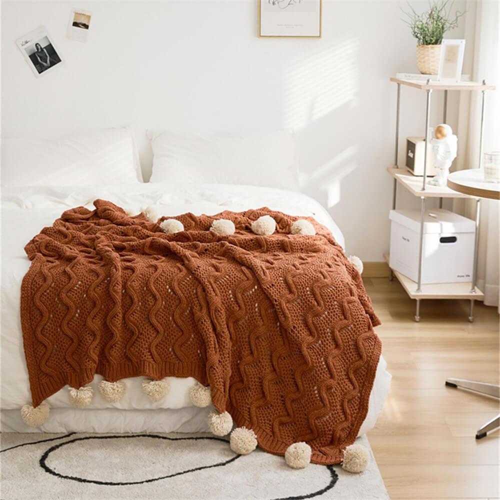 Nordic Style Chenille Pom Pom Cozy Throw Blanket with Pillowcase