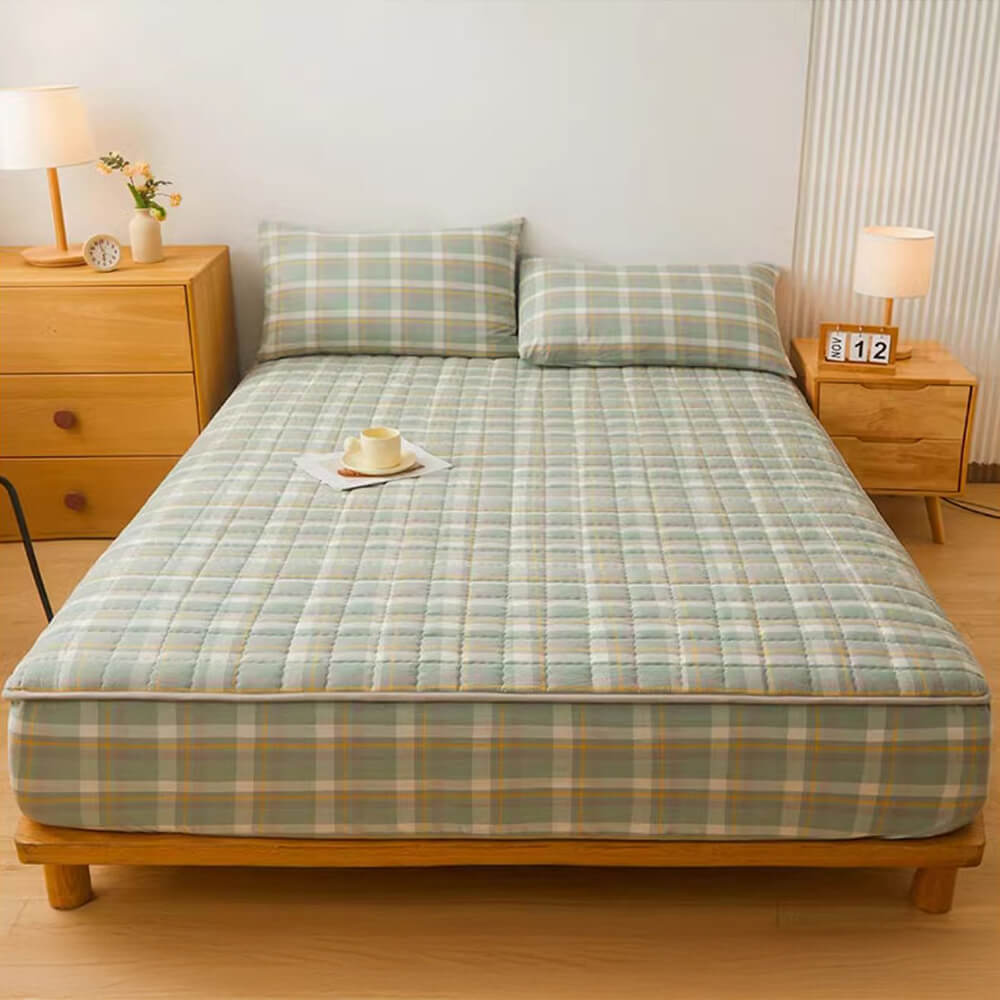 Plaid Cotton Quilted Soft Fitted Sheet Mattress Cover