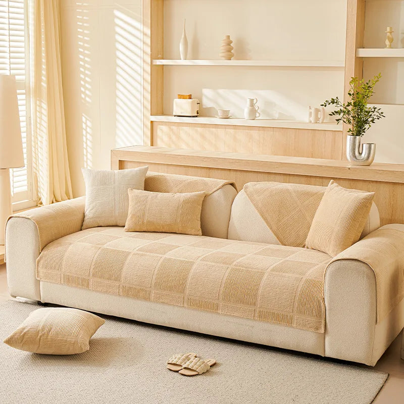 Plush Cream Geometric All Seasons Non-Slip Couch Cover