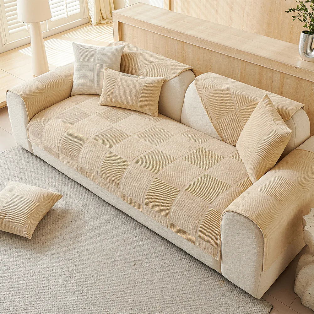 Plush Cream Geometric All Seasons Non-Slip Couch Cover